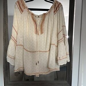 Free People Cream Peasant Blouse with Rust & Gold Embroidery
